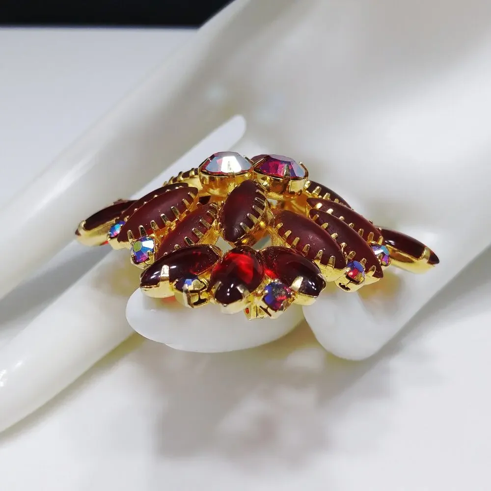Red Art Glass & Rhinestone Brooch, Gold Plated, Juliana Style, 1960s Vintage